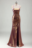 Golden Metallic Pleated Mermaid Prom Dress with Slit