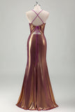 Golden Metallic Pleated Mermaid Prom Dress with Slit