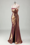 Golden Metallic Pleated Mermaid Prom Dress with Slit