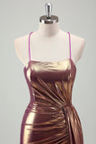 Golden Metallic Pleated Mermaid Prom Dress with Slit