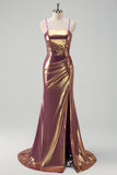 Sparkly Golden Mermaid Spaghetti Strap Prom Dress with Slit