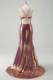 Sparkly Golden Mermaid Spaghetti Strap Prom Dress with Slit