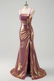 Sparkly Golden Mermaid Spaghetti Strap Prom Dress with Slit