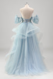 Blue Strapless Corset Sequined Tulle Prom Dress with Ruffles