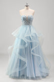 Blue Strapless Corset Sequined Tulle Prom Dress with Ruffles