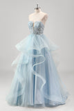 Blue Strapless Corset Sequined Tulle Prom Dress with Ruffles