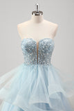 Blue Strapless Corset Sequined Tulle Prom Dress with Ruffles