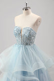 Blue Strapless Corset Sequined Tulle Prom Dress with Ruffles