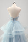 Blue Strapless Corset Sequined Tulle Prom Dress with Ruffles