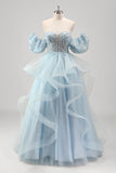 Blue Strapless Corset Sequined Tulle Prom Dress with Ruffles