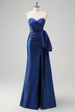 Dark Blue Strapless Sweetheart Pleated Satin Prom Dress with Bow