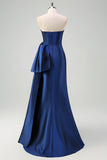 Dark Blue Strapless Sweetheart Pleated Satin Prom Dress with Bow