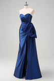 Dark Blue Strapless Sweetheart Pleated Satin Prom Dress with Bow