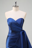 Dark Blue Strapless Sweetheart Pleated Satin Prom Dress with Bow