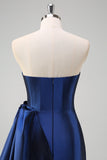 Dark Blue Strapless Sweetheart Pleated Satin Prom Dress with Bow