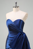 Dark Blue Strapless Sweetheart Pleated Satin Prom Dress with Bow