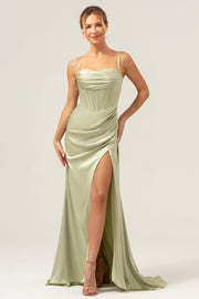 Sage Satin Mermaid Sweep Train Bridesmaid Dress with Slit