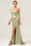 Sage Satin Mermaid Sweep Train Bridesmaid Dress with Slit