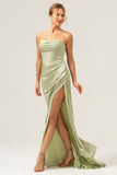 Sage Satin Mermaid Sweep Train Bridesmaid Dress with Slit