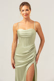 Sage Satin Mermaid Sweep Train Bridesmaid Dress with Slit