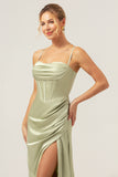 Sage Satin Mermaid Sweep Train Bridesmaid Dress with Slit