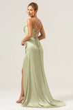 Sage Satin Mermaid Sweep Train Bridesmaid Dress with Slit