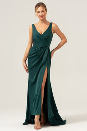 Dark Green V-Neck Satin Mermaid Bridesmaid Dress with Slit