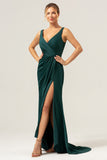 Dark Green V-Neck Satin Mermaid Bridesmaid Dress with Slit