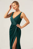 Dark Green V-Neck Satin Mermaid Bridesmaid Dress with Slit