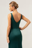 Dark Green V-Neck Satin Mermaid Bridesmaid Dress with Slit