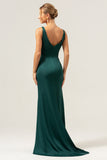 Dark Green V-Neck Satin Mermaid Bridesmaid Dress with Slit