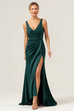 Dark Green V-Neck Satin Mermaid Bridesmaid Dress with Slit