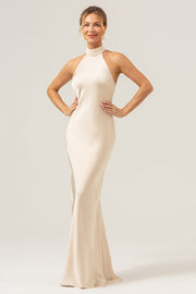 Champagne Halter Mermaid Satin Wedding Guest Dress with Back Slit