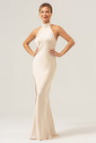 Champagne Halter Mermaid Satin Wedding Guest Dress with Back Slit