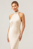 Champagne Halter Mermaid Satin Wedding Guest Dress with Back Slit