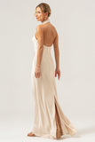 Champagne Halter Mermaid Satin Wedding Guest Dress with Back Slit