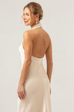 Champagne Halter Mermaid Satin Wedding Guest Dress with Back Slit