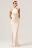 Champagne Halter Mermaid Satin Wedding Guest Dress with Back Slit