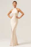 Champagne Halter Mermaid Bridesmaid Dress with Slit