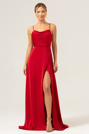 Burgundy Spaghetti Straps Satin A-Line Bridesmaid Dress with Slit