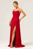 Burgundy Spaghetti Straps Satin A-Line Bridesmaid Dress with Slit