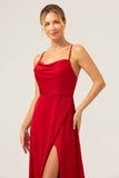 Burgundy Spaghetti Straps Satin A-Line Bridesmaid Dress with Slit