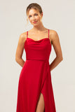 Burgundy Spaghetti Straps Satin A-Line Bridesmaid Dress with Slit