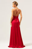 Burgundy Spaghetti Straps Satin A-Line Bridesmaid Dress with Slit