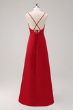 Burgundy Spaghetti Straps A-Line Bridesmaid Dress with Slit