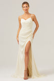 Ivory Spaghetti Straps Mermaid Sweep Train Bridesmaid Dress with Slit