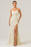 Ivory Spaghetti Straps Mermaid Sweep Train Bridesmaid Dress with Slit