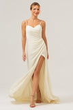 Ivory Spaghetti Straps Mermaid Sweep Train Bridesmaid Dress with Slit