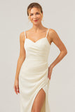 Ivory Spaghetti Straps Mermaid Sweep Train Bridesmaid Dress with Slit