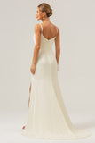 Ivory Spaghetti Straps Mermaid Sweep Train Bridesmaid Dress with Slit